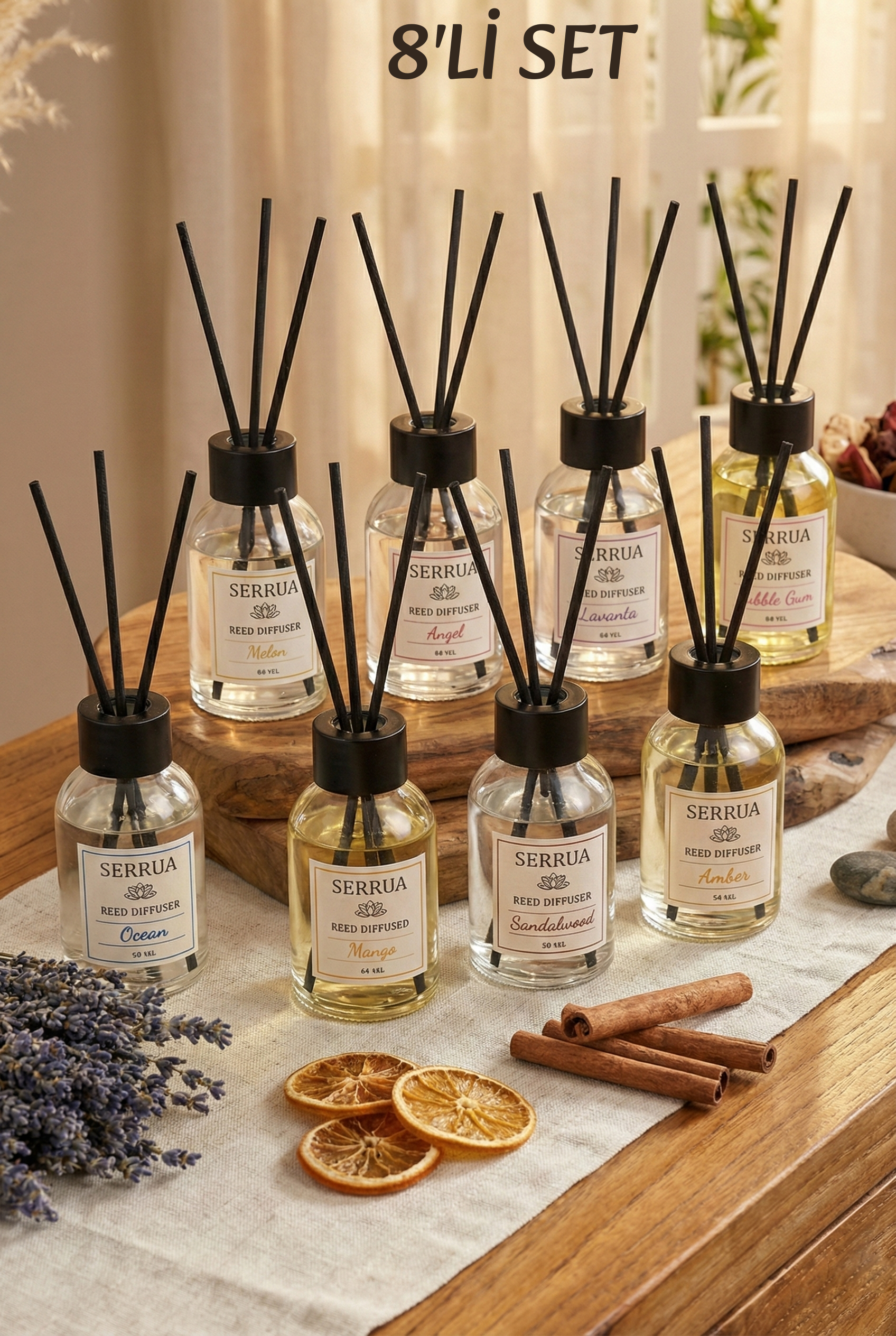 8'Lİ ÇUBUKLU ODA KOKUSU (OCEAN-LAVENDER-MANGO-ANGEL-MELON-SANDALWOOD- SAKIZ-AMBER